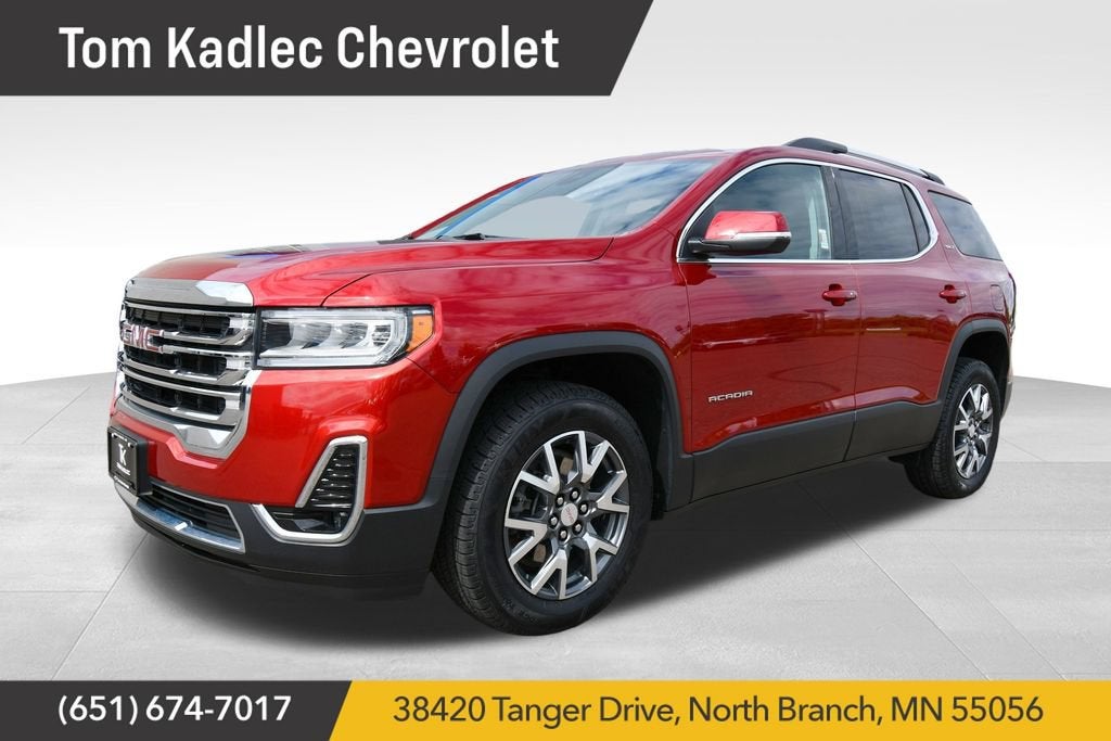 2023 GMC Acadia SLT in Volcanic Red Tintcoat — front three-quarter view